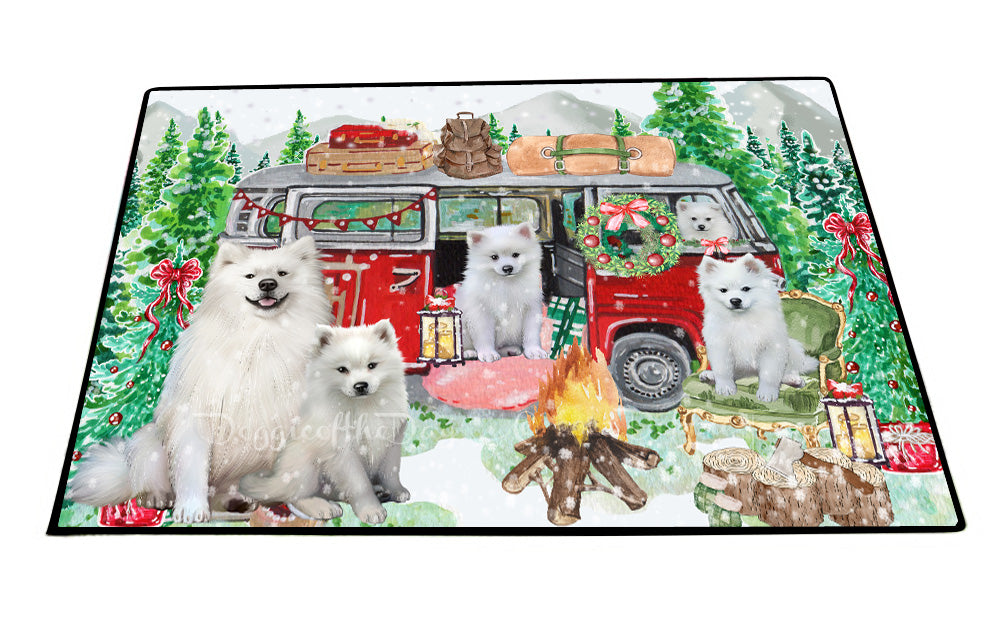 Christmas Time Camping with American Eskimo Dogs Floor Mat- Anti-Slip Pet Door Mat Indoor Outdoor Front Rug Mats for Home Outside Entrance Pets Portrait Unique Rug Washable Premium Quality Mat