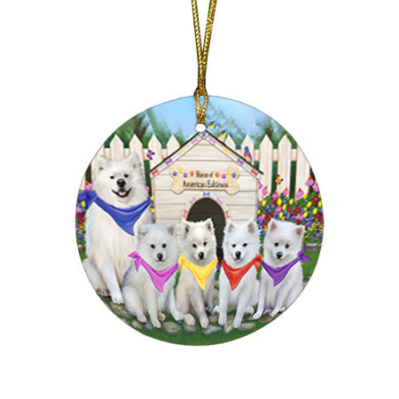 Spring Dog House American Eskimos Dog Round Flat Christmas Ornament RFPOR49750