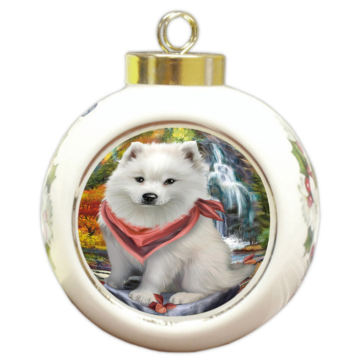 Scenic Waterfall American Eskimo Dog Round Ball Christmas Ornament RBPOR49672