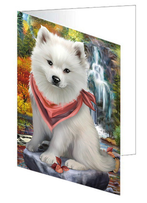 Scenic Waterfall American Eskimo Dog Handmade Artwork Assorted Pets Greeting Cards and Note Cards with Envelopes for All Occasions and Holiday Seasons GCD53045