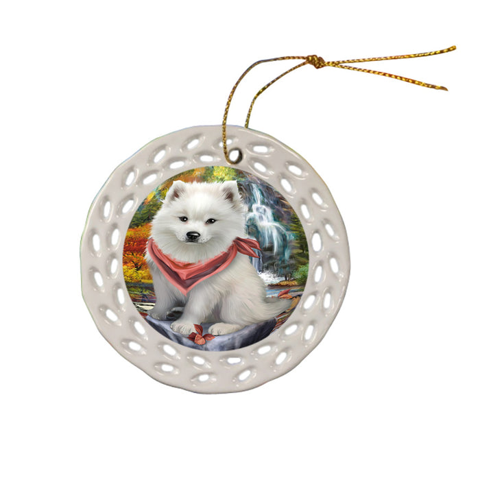Scenic Waterfall American Eskimo Dog Ceramic Doily Ornament DPOR49672
