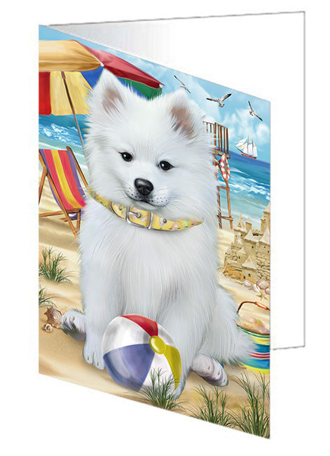 Pet Friendly Beach American Eskimo Dog Handmade Artwork Assorted Pets Greeting Cards and Note Cards with Envelopes for All Occasions and Holiday Seasons GCD53903
