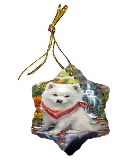 Scenic Waterfall American Eskimo Dog Star Porcelain Ornament SPOR49664
