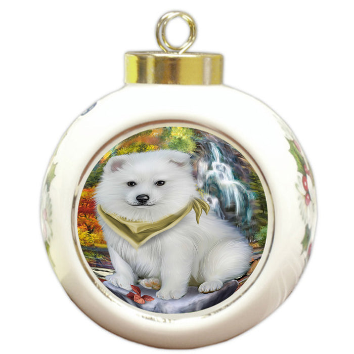 Scenic Waterfall American Eskimo Dog Round Ball Christmas Ornament RBPOR49673