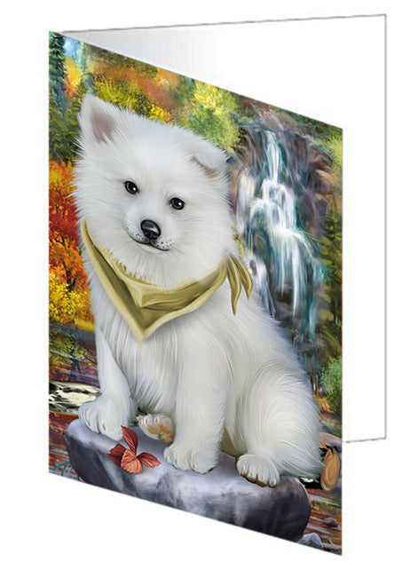 Scenic Waterfall American Eskimo Dog Handmade Artwork Assorted Pets Greeting Cards and Note Cards with Envelopes for All Occasions and Holiday Seasons GCD53048