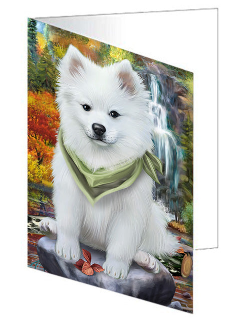 Scenic Waterfall American Eskimo Dog Handmade Artwork Assorted Pets Greeting Cards and Note Cards with Envelopes for All Occasions and Holiday Seasons GCD53051