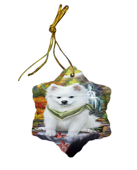 Scenic Waterfall American Eskimo Dog Star Porcelain Ornament SPOR49666