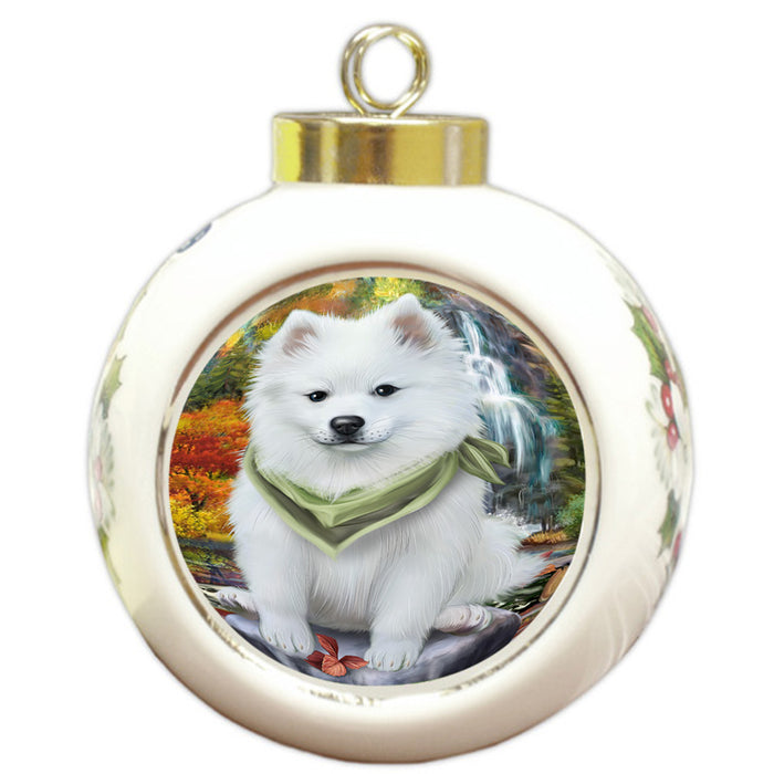 Scenic Waterfall American Eskimo Dog Round Ball Christmas Ornament RBPOR49674
