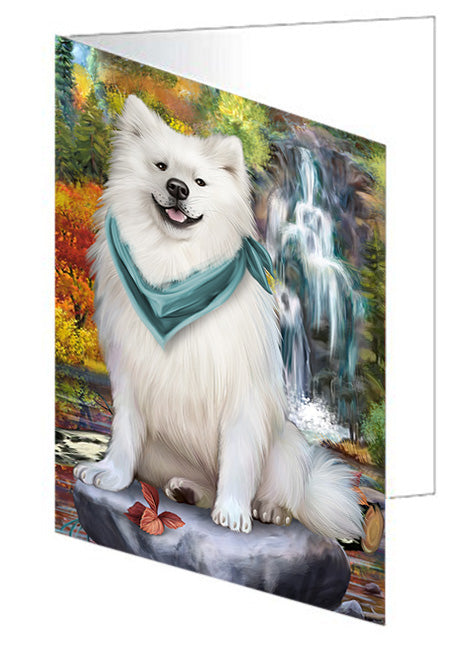 Scenic Waterfall American Eskimo Dog Handmade Artwork Assorted Pets Greeting Cards and Note Cards with Envelopes for All Occasions and Holiday Seasons GCD53054