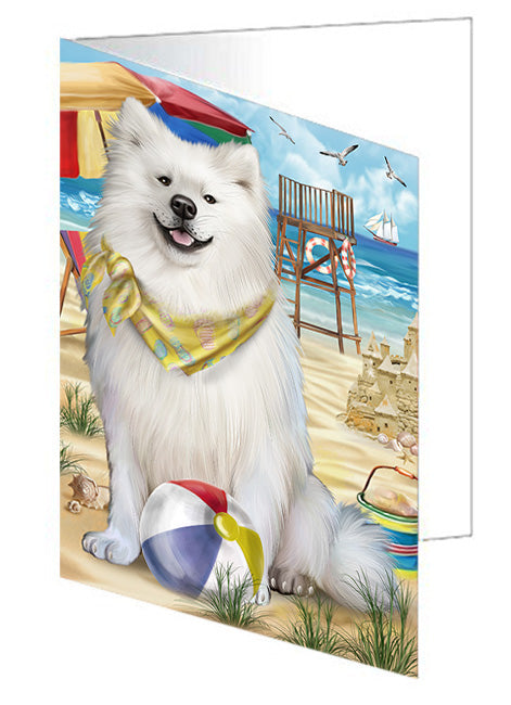 Pet Friendly Beach American Eskimo Dog Handmade Artwork Assorted Pets Greeting Cards and Note Cards with Envelopes for All Occasions and Holiday Seasons GCD53912