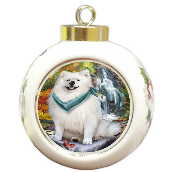 Scenic Waterfall American Eskimo Dog Round Ball Christmas Ornament RBPOR49675
