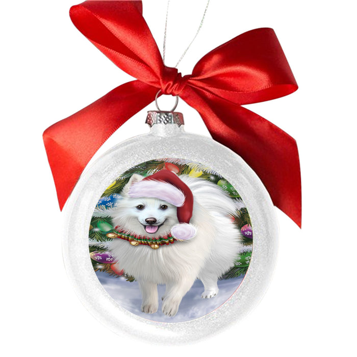 Trotting in the Snow American Eskimo Dog White Round Ball Christmas Ornament WBSOR49422