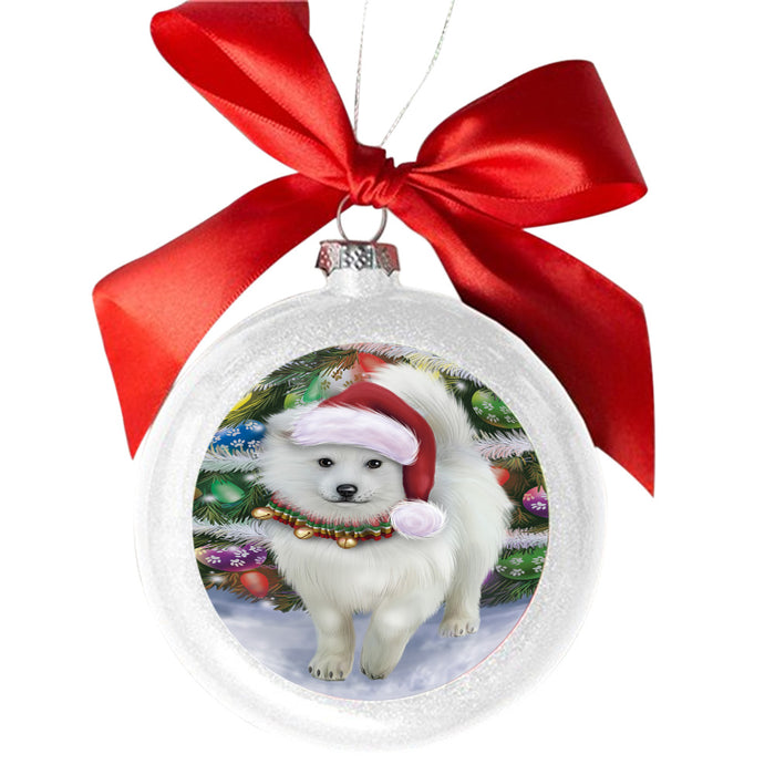 Trotting in the Snow American Eskimo Dog White Round Ball Christmas Ornament WBSOR49423