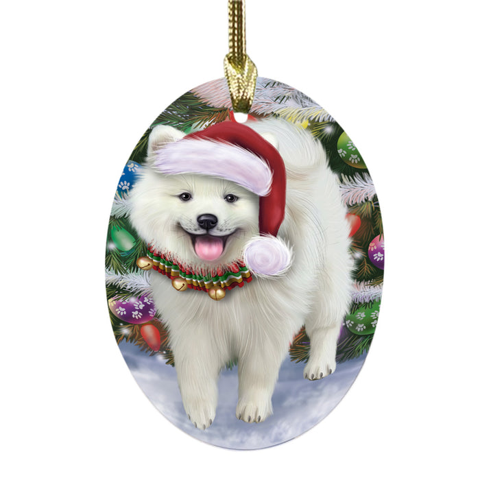 Trotting in the Snow American Eskimo Dog Oval Glass Christmas Ornament OGOR49424