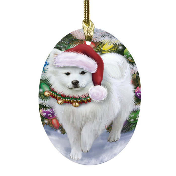Trotting in the Snow American Eskimo Dog Oval Glass Christmas Ornament OGOR49425