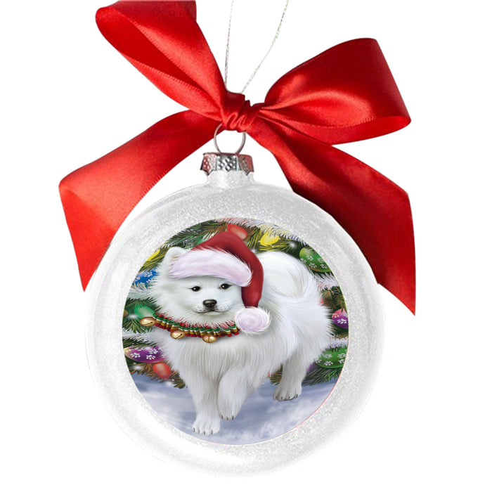 Trotting in the Snow American Eskimo Dog White Round Ball Christmas Ornament WBSOR49425