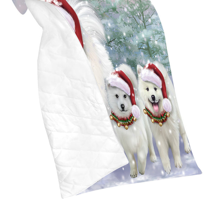 Christmas Running Fammily American Eskimo Dogs Quilt