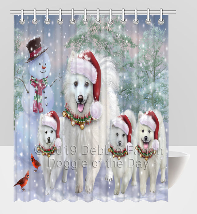Christmas Running Fammily American Eskimo Dogs Shower Curtain