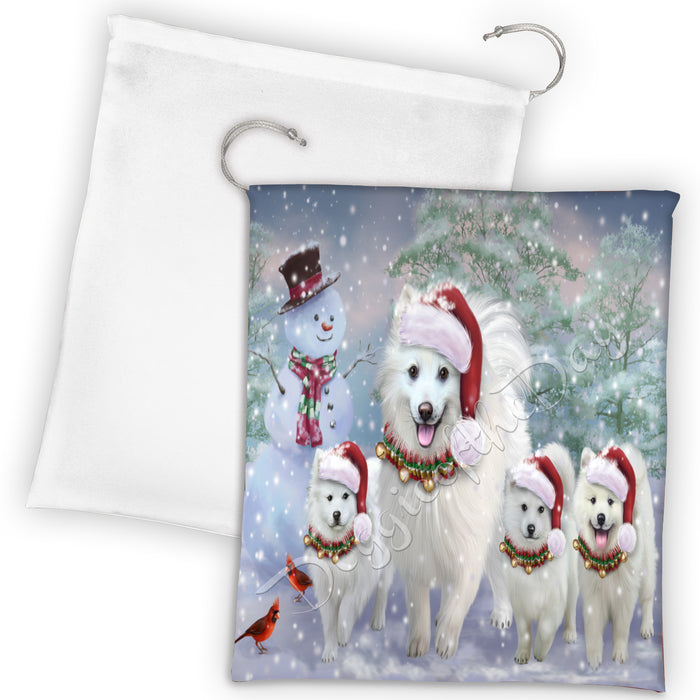 Christmas Running Fammily American Eskimo Dogs Drawstring Laundry or Gift Bag LGB48197