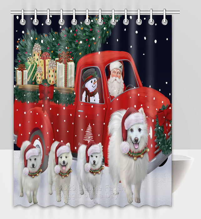Christmas Express Delivery Red Truck Running American Eskimo Dogs Shower Curtain Bathroom Accessories Decor Bath Tub Screens