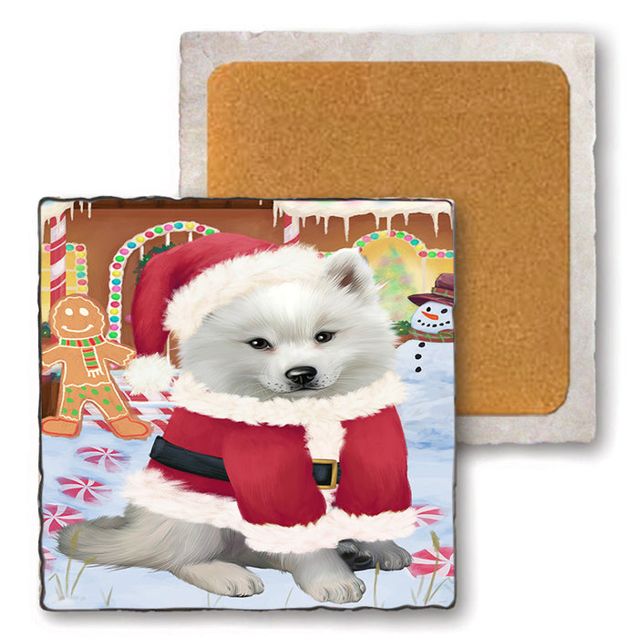 Christmas Gingerbread House Candyfest American Eskimo Dog Set of 4 Natural Stone Marble Tile Coasters MCST51133