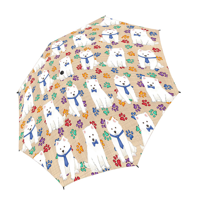 Rainbow Paw Print American Eskimo Dogs Blue Semi-Automatic Foldable Umbrella