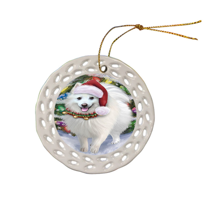Trotting in the Snow American Eskimo Dog Ceramic Doily Ornament DPOR54684