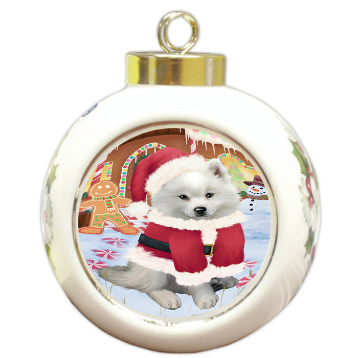 Christmas Gingerbread House Candyfest American Eskimo Dog Round Ball Christmas Ornament RBPOR56489