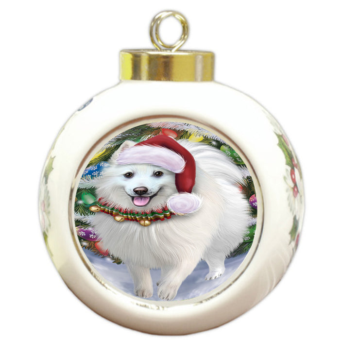 Trotting in the Snow American Eskimo Dog Round Ball Christmas Ornament RBPOR54684