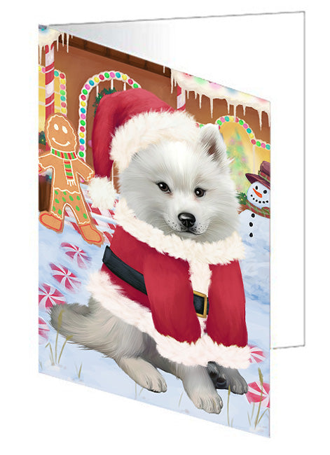 Christmas Gingerbread House Candyfest American Eskimo Dog Handmade Artwork Assorted Pets Greeting Cards and Note Cards with Envelopes for All Occasions and Holiday Seasons GCD72914