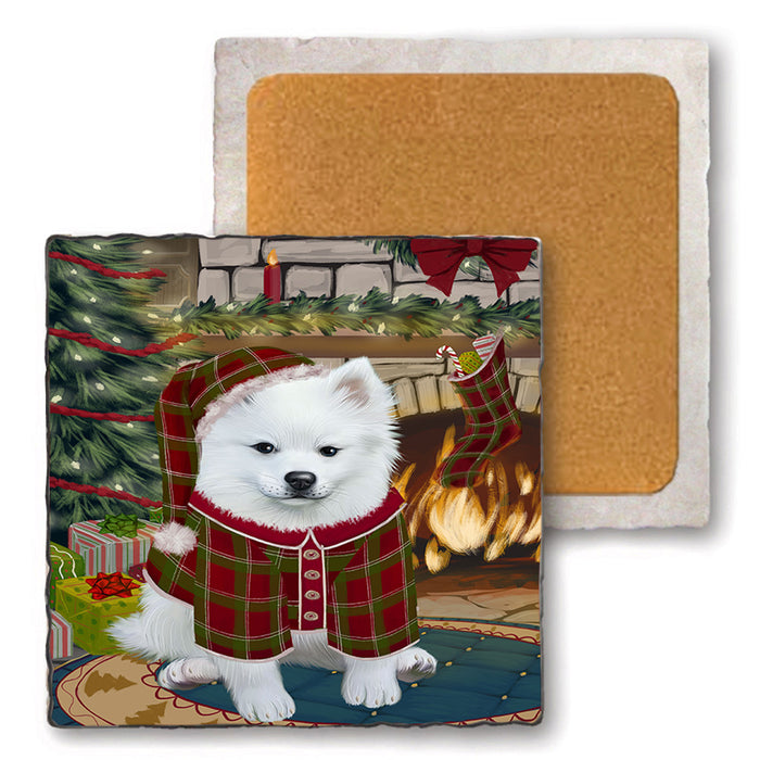 The Stocking was Hung American Eskimo Dog Set of 4 Natural Stone Marble Tile Coasters MCST50160