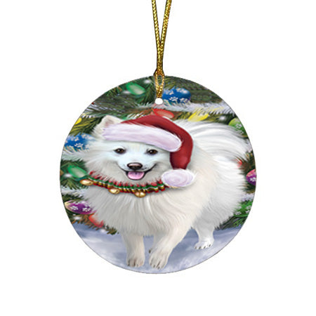 Trotting in the Snow American Eskimo Dog Round Flat Christmas Ornament RFPOR54675