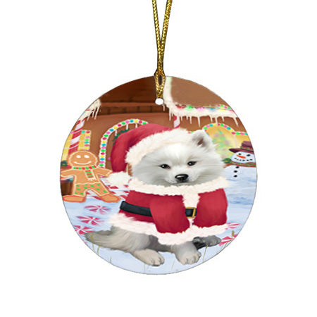 Christmas Gingerbread House Candyfest American Eskimo Dog Round Flat Christmas Ornament RFPOR56489