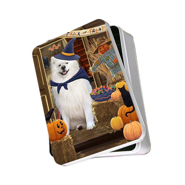Enter at Own Risk Trick or Treat Halloween American Eskimo Dog Photo Storage Tin PITN52939
