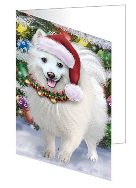 Trotting in the Snow American Eskimo Dog Handmade Artwork Assorted Pets Greeting Cards and Note Cards with Envelopes for All Occasions and Holiday Seasons GCD68081