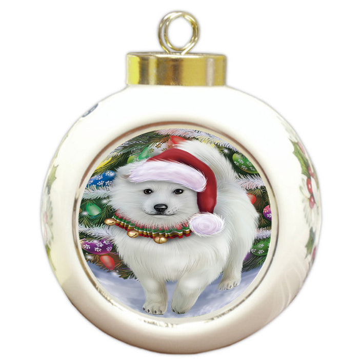 Trotting in the Snow American Eskimo Dog Round Ball Christmas Ornament RBPOR54685