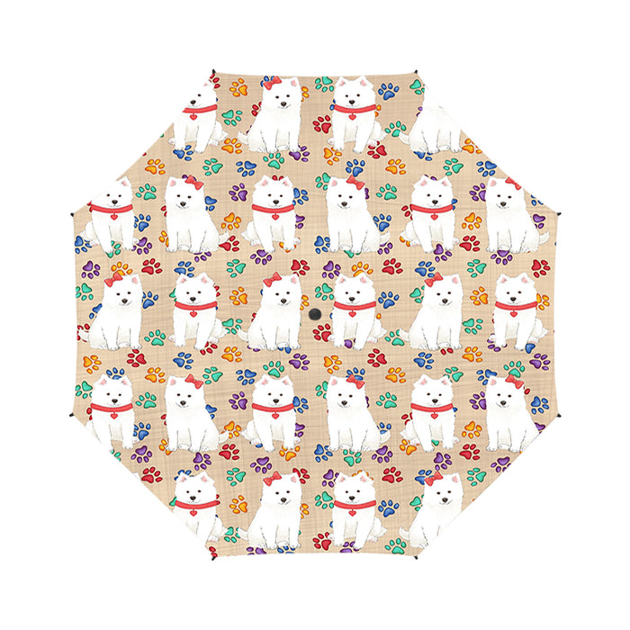 Rainbow Paw Print American Eskimo Dogs Red Semi-Automatic Foldable Umbrella