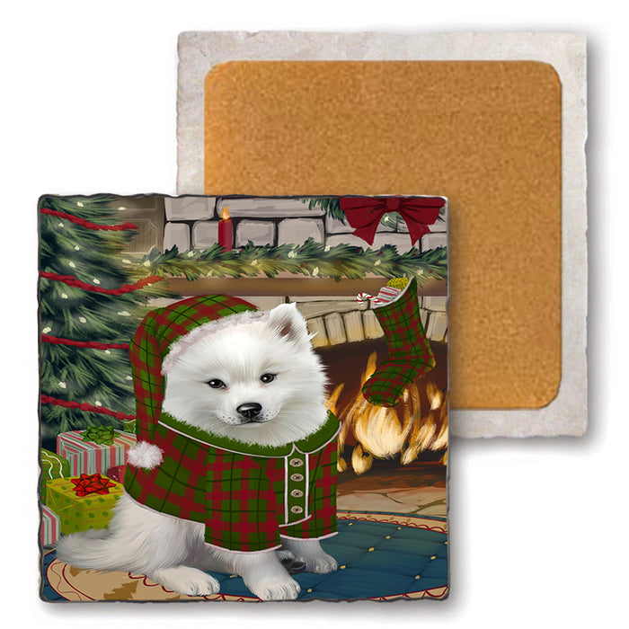 The Stocking was Hung American Eskimo Dog Set of 4 Natural Stone Marble Tile Coasters MCST50161