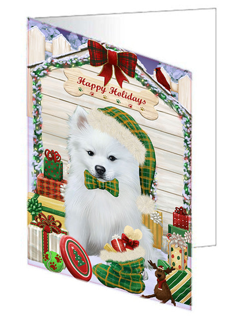 Happy Holidays Christmas American Eskimo Dog House with Presents Handmade Artwork Assorted Pets Greeting Cards and Note Cards with Envelopes for All Occasions and Holiday Seasons GCD57944