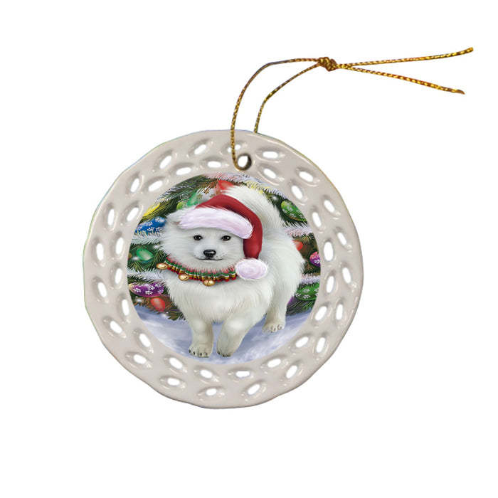 Trotting in the Snow American Eskimo Dog Ceramic Doily Ornament DPOR54685