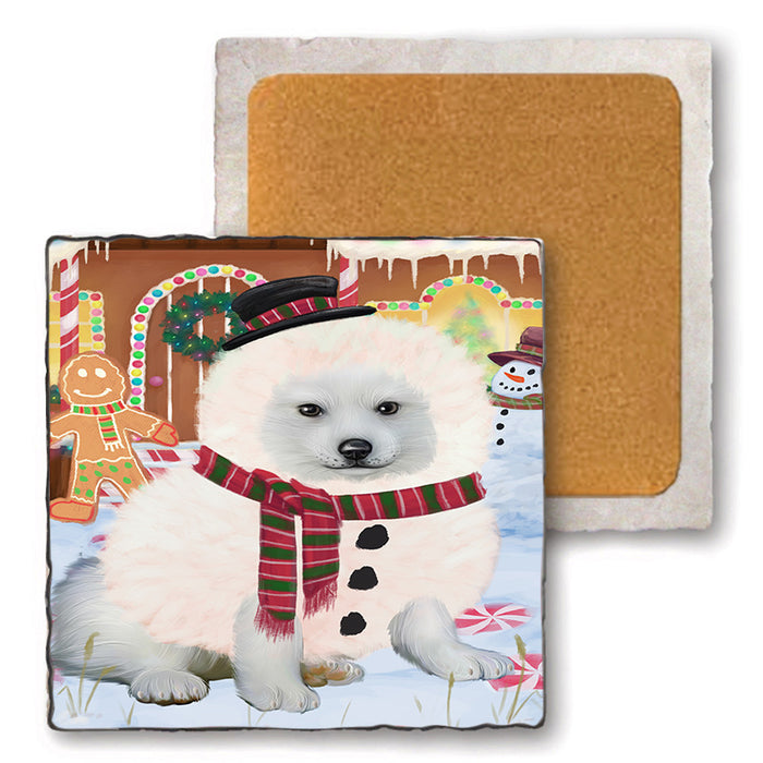 Christmas Gingerbread House Candyfest American Eskimo Dog Set of 4 Natural Stone Marble Tile Coasters MCST51134