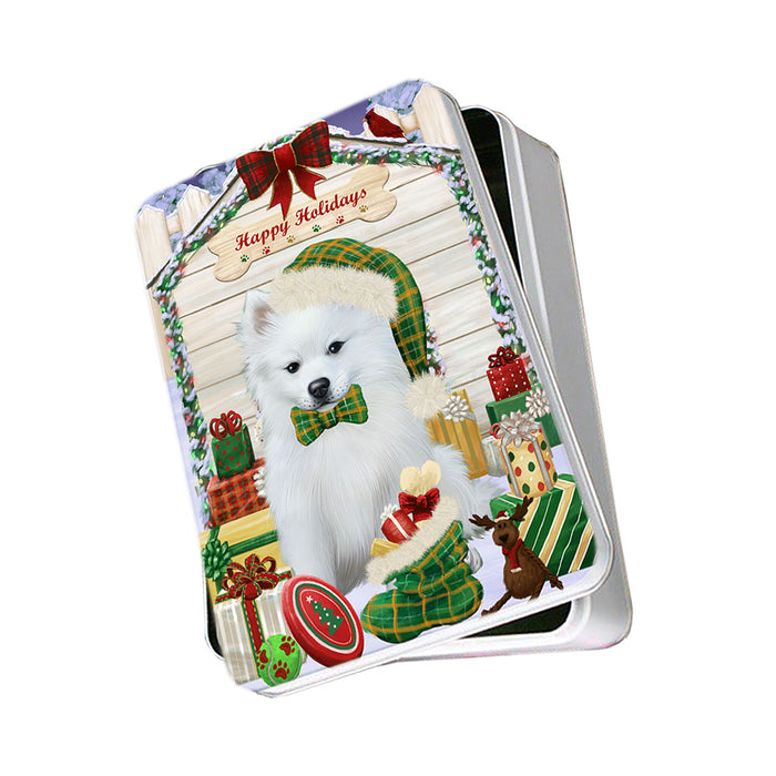 Happy Holidays Christmas American Eskimo Dog House with Presents Photo Storage Tin PITN51305