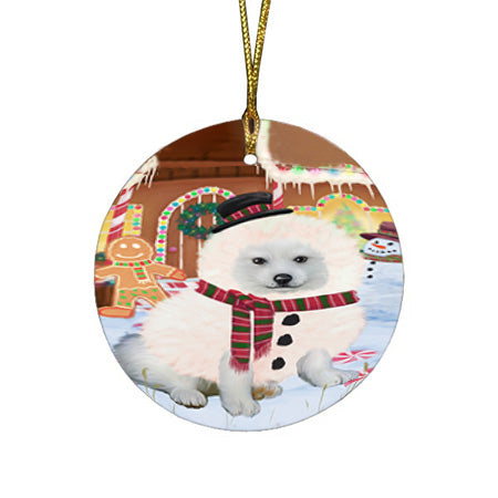 Christmas Gingerbread House Candyfest American Eskimo Dog Round Flat Christmas Ornament RFPOR56490