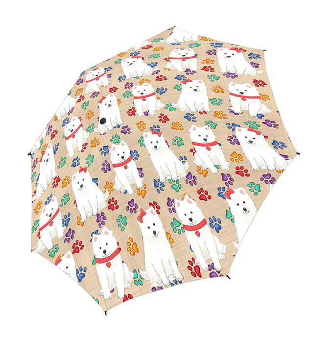Rainbow Paw Print American Eskimo Dogs Red Semi-Automatic Foldable Umbrella