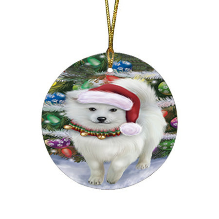 Trotting in the Snow American Eskimo Dog Round Flat Christmas Ornament RFPOR54676