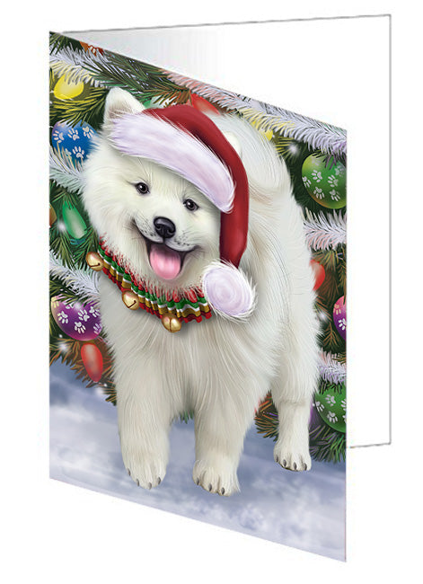 Trotting in the Snow American Eskimo Dog Handmade Artwork Assorted Pets Greeting Cards and Note Cards with Envelopes for All Occasions and Holiday Seasons GCD68087