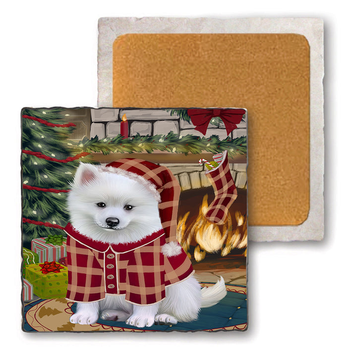 The Stocking was Hung American Eskimo Dog Set of 4 Natural Stone Marble Tile Coasters MCST50162