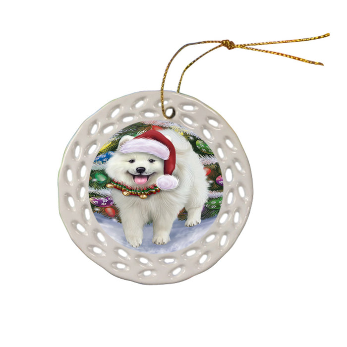 Trotting in the Snow American Eskimo Dog Ceramic Doily Ornament DPOR54686