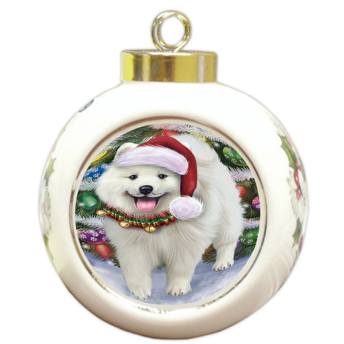 Trotting in the Snow American Eskimo Dog Round Ball Christmas Ornament RBPOR54686