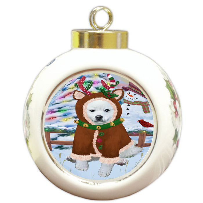 Christmas Gingerbread House Candyfest American Eskimo Dog Round Ball Christmas Ornament RBPOR56491